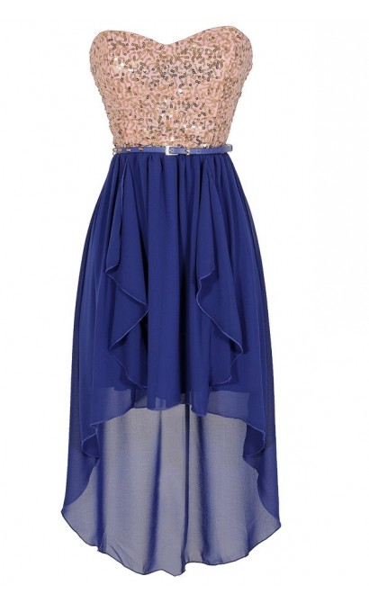 Moon and Stars Gold and Blue Belted Sequin High Low Dress